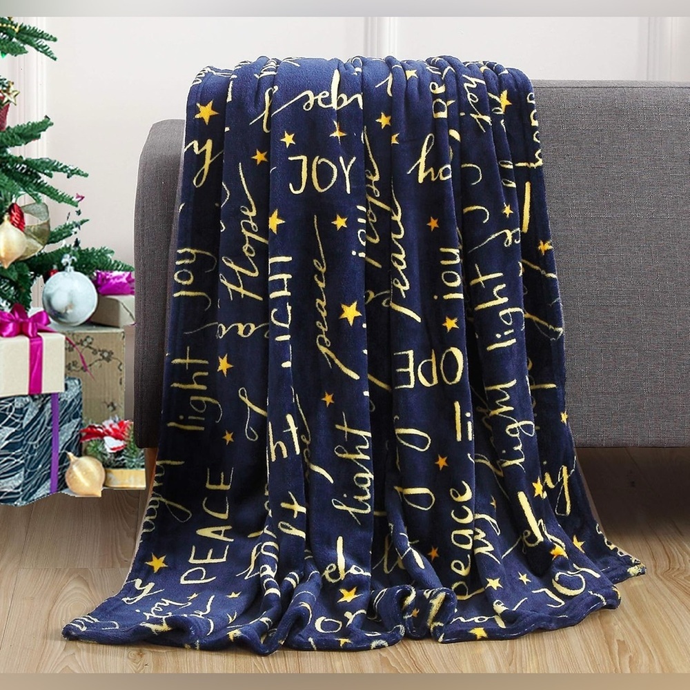 Cozy Soft “Peace, Joy, Hope + Light” Microfleece Throw Blanket, Navy Blue, Gold